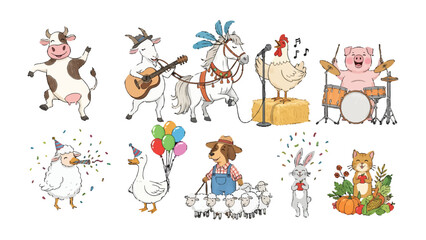 Fototapeta premium Farm Animal Celebrations: A lively ensemble of cheerful farm animals engaging in a jubilant celebration. Each character embodies joy and camaraderie, offering a visual symphony of festivity.