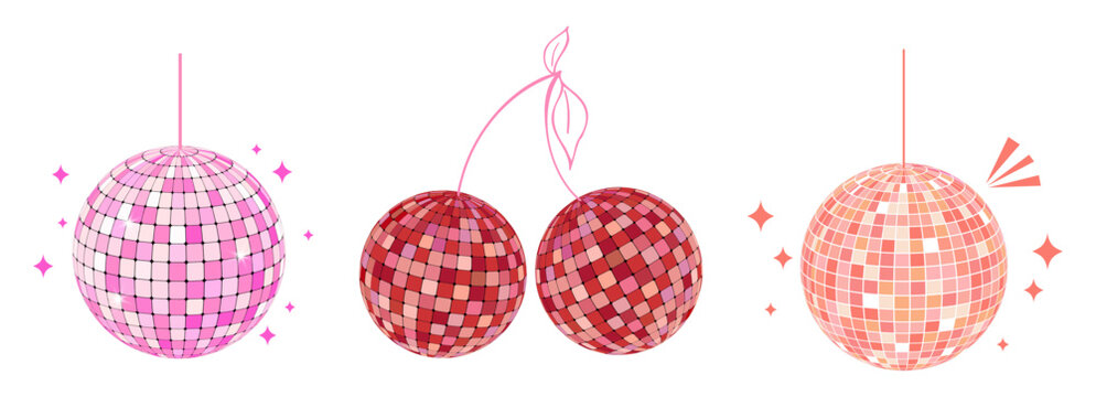 Disco ball set, shiny party mirror glowing party decorations. Y2k cherry with bow, Glossy discoballs in 70s 80s retro style. Party, music, 