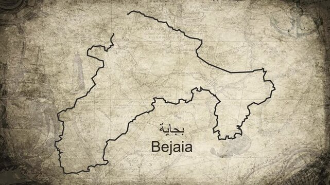 Bejaia Algeria map drawn on a cartography background sheet of paper