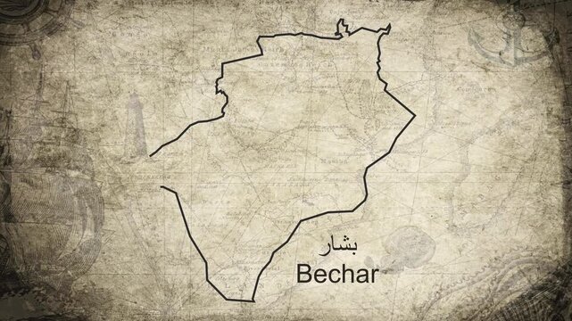 Bechar Algeria map drawn on a cartography background sheet of paper