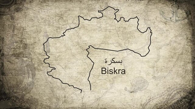 Biskra Algeria map drawn on a cartography background sheet of paper