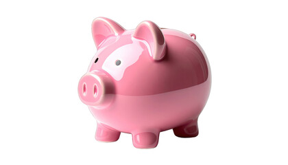 Obraz premium A pink piggy bank stands on a plain white background, viewed from the side, with a coin slot on its back, j (3712).png