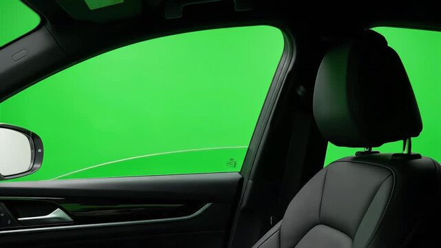 Clean automotive interior with driver side window replaced by flat green surface. Sharp door frame edges provide perfect mask for compositing and video background replacement