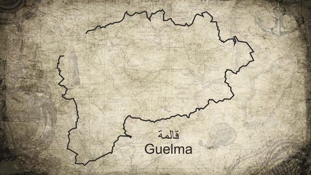 Guelma Algeria map drawn on a cartography background sheet of paper