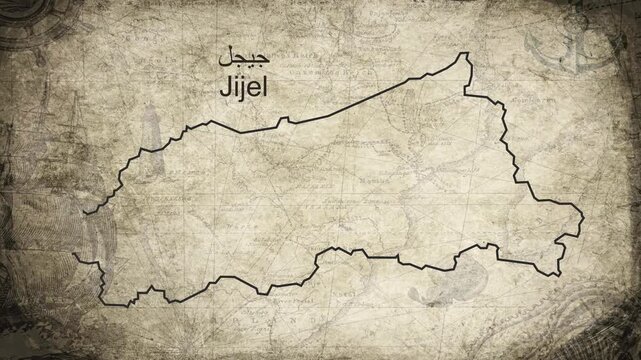 Jijel Algeria map drawn on a cartography background sheet of paper