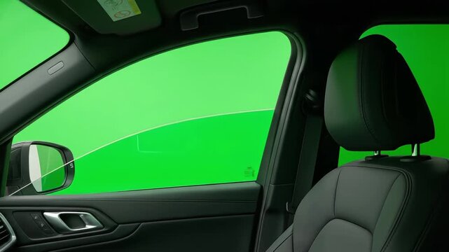 Driver side car window filled with solid green screen and sharp frame edges. Clean surface and no reflections make it ideal for compositing, background replacement, and film production
