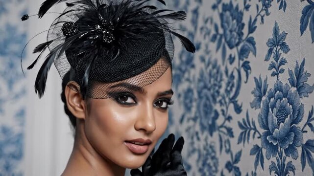 Elegant woman in black fascinator and gloves against blue floral wallpaper
