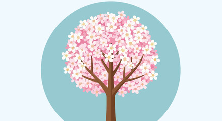 Obraz premium Blooming cherry blossom tree in spring with pink flowers on blue background symbolizing renewal and nature