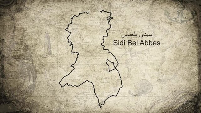 Sidi Bel Abbes Algeria map drawn on a cartography background sheet of paper