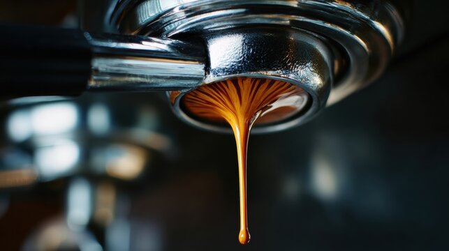 Fresh espresso dripping from machine detail
