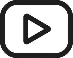 Stylized black play button icon inside rounded rectangle on white background, ideal for video streaming platforms, media playback interfaces, and digital content design.