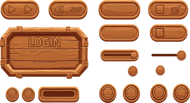 Wooden game user interface panel with login board buttons sliders and control elements cartoon GUI vector illustration set.