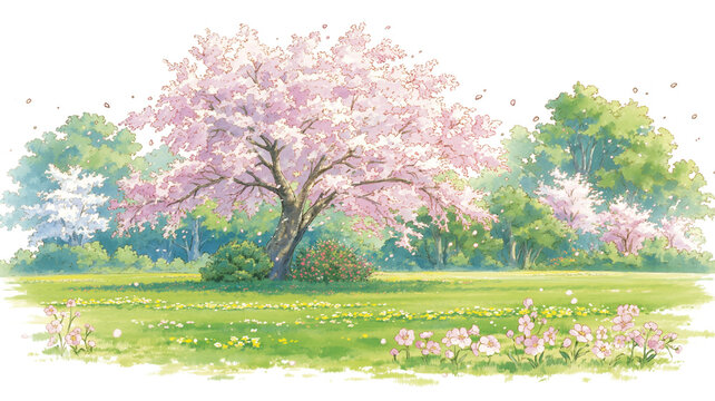 春を象徴する満開の桜並木を描いた水彩タッチの風景イラスト、花びらが舞う柔らかな雰囲気、季節イベントや新年度イメージ