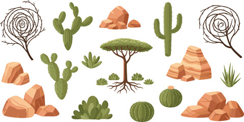 Desert nature elements collection with cactus rocks dry trees and succulents for arid landscape environment cartoon vector illustration set. © MstSuborna