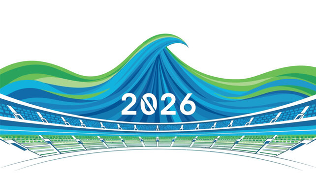 2026 soccer world championship abstract banner with stadium arena and blue green waves; dynamic football tournament background for global sports event marketing and stadium branding.