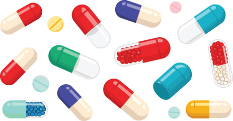 Colorful medicine capsules and tablets collection with transparent pills and granules pharmaceutical healthcare vector illustration set.