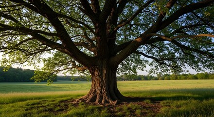 Fototapeta premium Majestic tree standing alone in a lush green meadow at sunrise with sprawling branches and roots