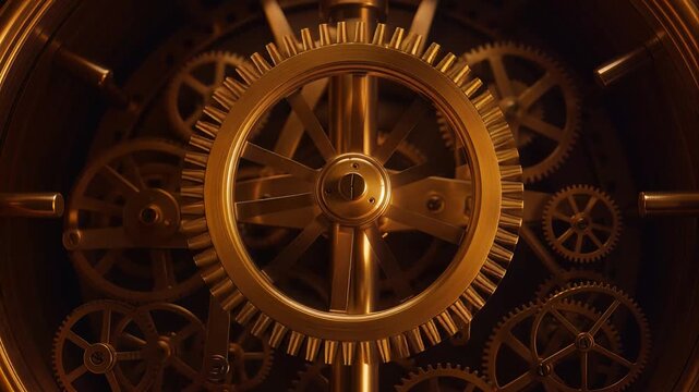 Intricate Clockwork Mechanism with Golden Gears Rotating Slowly.