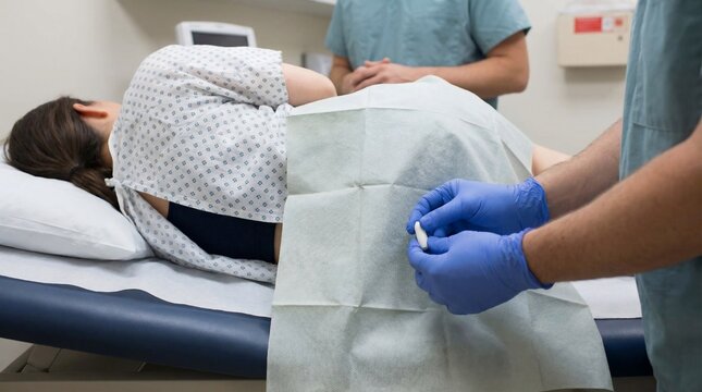 Anesthesiologist Administering an Epidural Injection to a Patient in a Hospital.