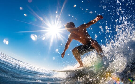 Surfer Carving Through Powerful Ocean Wave Under Sunlight
