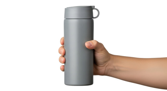 Hand holding a gray matte reusable water bottle or thermos tumbler. Isolated on transparent background, png