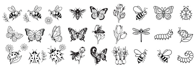 Minimalist Nature Icons, Insects and Spring Blooms Clipart © 99VectorS