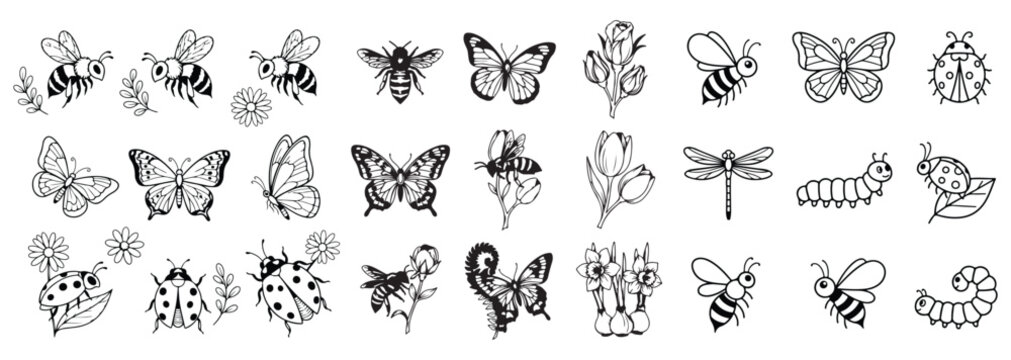 Minimalist Nature Icons, Insects and Spring Blooms Clipart