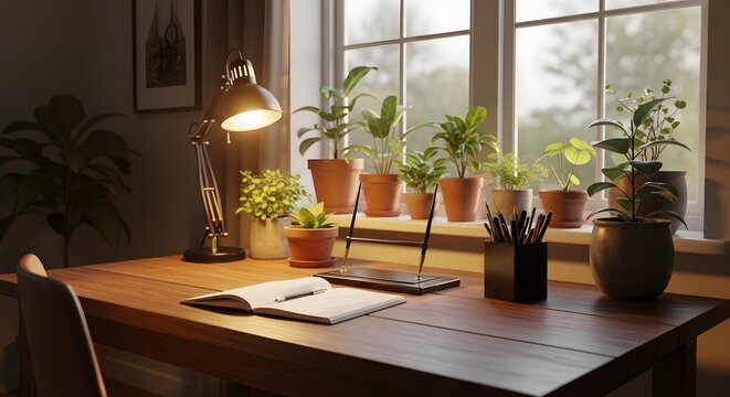 A wooden desk with plants on the windowsill and a lamp, notebook, and pencils on the table, serene indoor scene