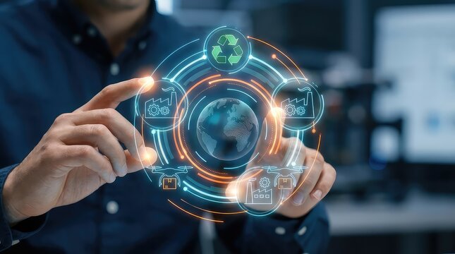 Global circular economy hologram with recycling symbol above earth globe, logistics drones and factory icons in digital dashboard interface, blue orange glowing background with copy space