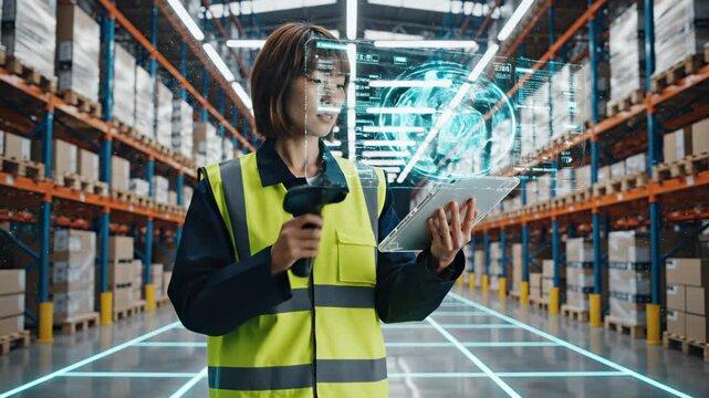 Woman uses tablet and scanner touching holographic cube floating in warehouse aisle. Female worker scans inventory with hologram. Woman interacts with cube hologram using scanner and tablet.