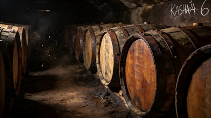 Wooden aging barrels lined up in rustic underground cellar