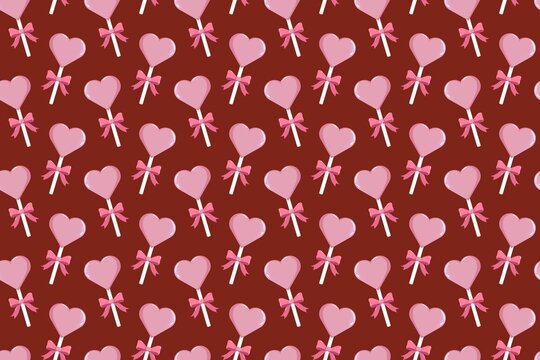 Seamless Valentine s pattern with pink heart-shaped lollipops tied with bows on dark red background