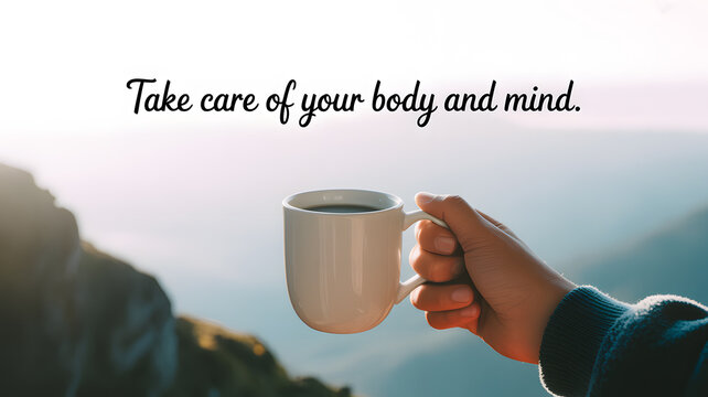 A person holding a coffee mug with a mountain view and a motivational quote about self-care.