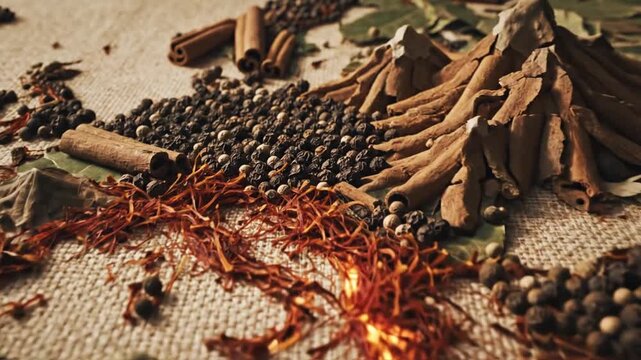 World map crafted from various spices and bay leaves on fabric