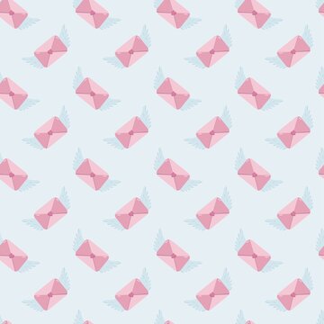 Seamless Valentine s pattern with pink winged envelopes sealed with hearts, arranged diagonally on pastel blue background