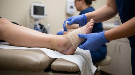 Obraz premium Healthcare worker provides first aid to a patient with a leg injury on an examination table.