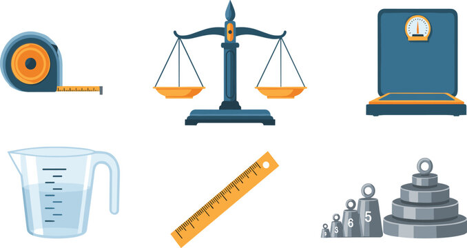 Measurement and weighing equipment icon set with scale ruler measuring cup weights and gauge vector illustration collection.