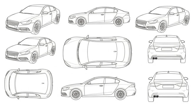 Car Sketches Various Angles Views.