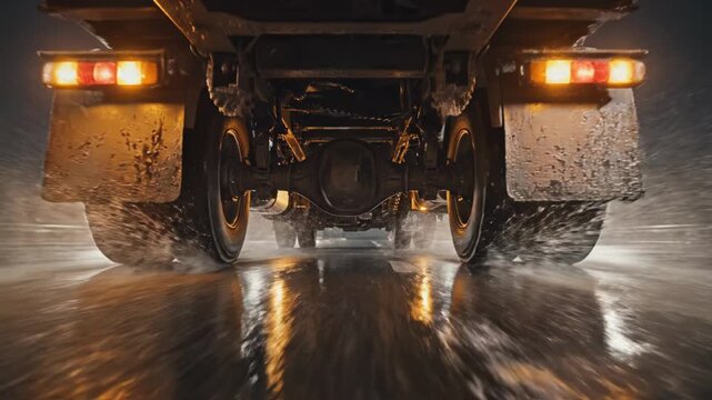 Dynamic Low Angle: Heavy Truck Driving on Wet Night Road, Tires Splashing Water, Reflecting Lights