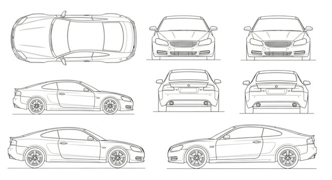 Car Technical Drawings Multiple Views.