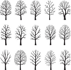Obraz premium Set of dead tree silhouettes isolated on white background. Simple naked trees vector illustration