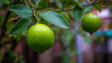 Ripe green lime hanging on a branch