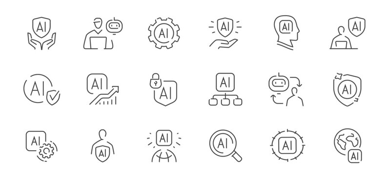 Artificial intelligence line icons set with security, analytics, automation and human interaction concepts