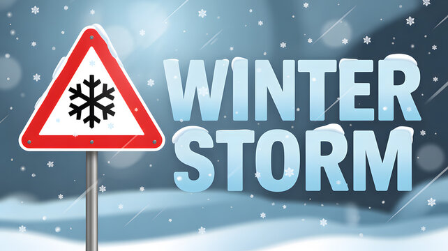 A winter storm warning sign in a snowy landscape with falling snowflakes and a red triangle
