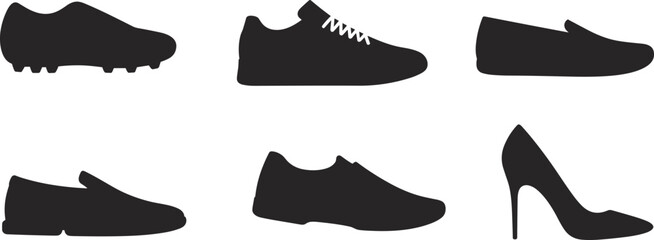 Shoe silhouette icon set including sneakers, casual shoes, football boots, high heels fashion footwear vector
