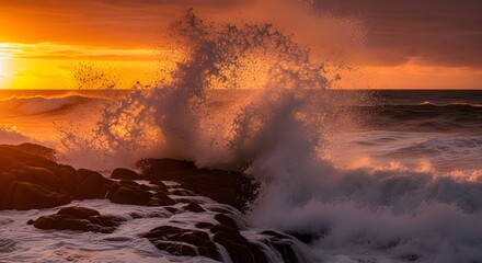 Fototapeta premium Dramatic ocean waves crash against rocky shore at sunset, casting warm golden light