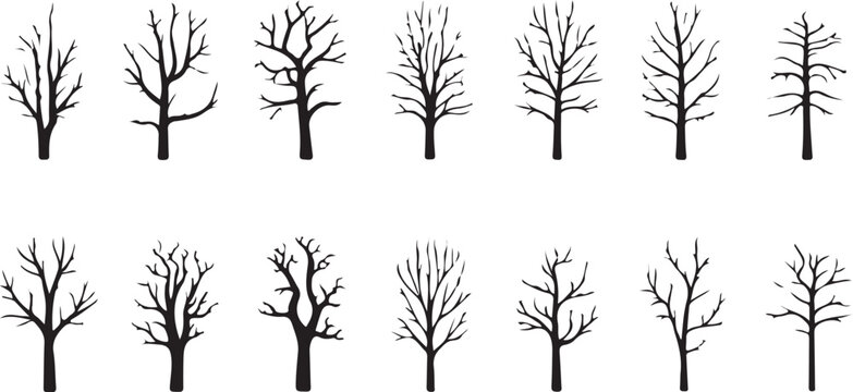 Set of dead tree silhouettes isolated on white background. Simple naked trees vector illustration