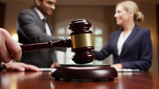 Dynamic Gavel Strike: Legal Agreement Finalized by Professionals Handshake