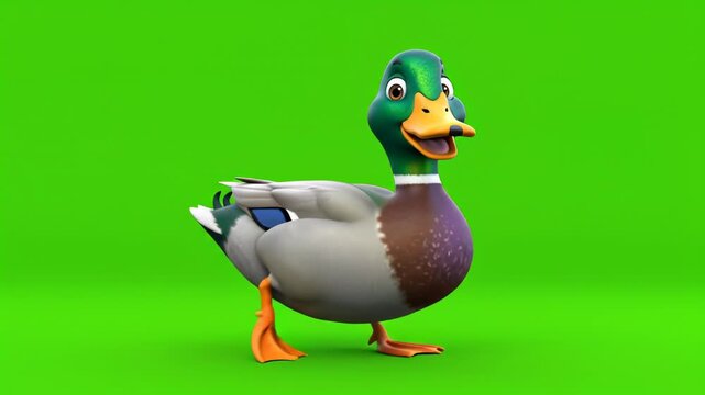 Animated Cartoon Mallard Duck Character Waddling and Quacking on Green Screen Background