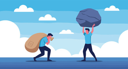Fototapeta premium One man struggles with a heavy money bag while another effortlessly lifts a large rock, illustrating varying burdens, strength, and financial pressures.
